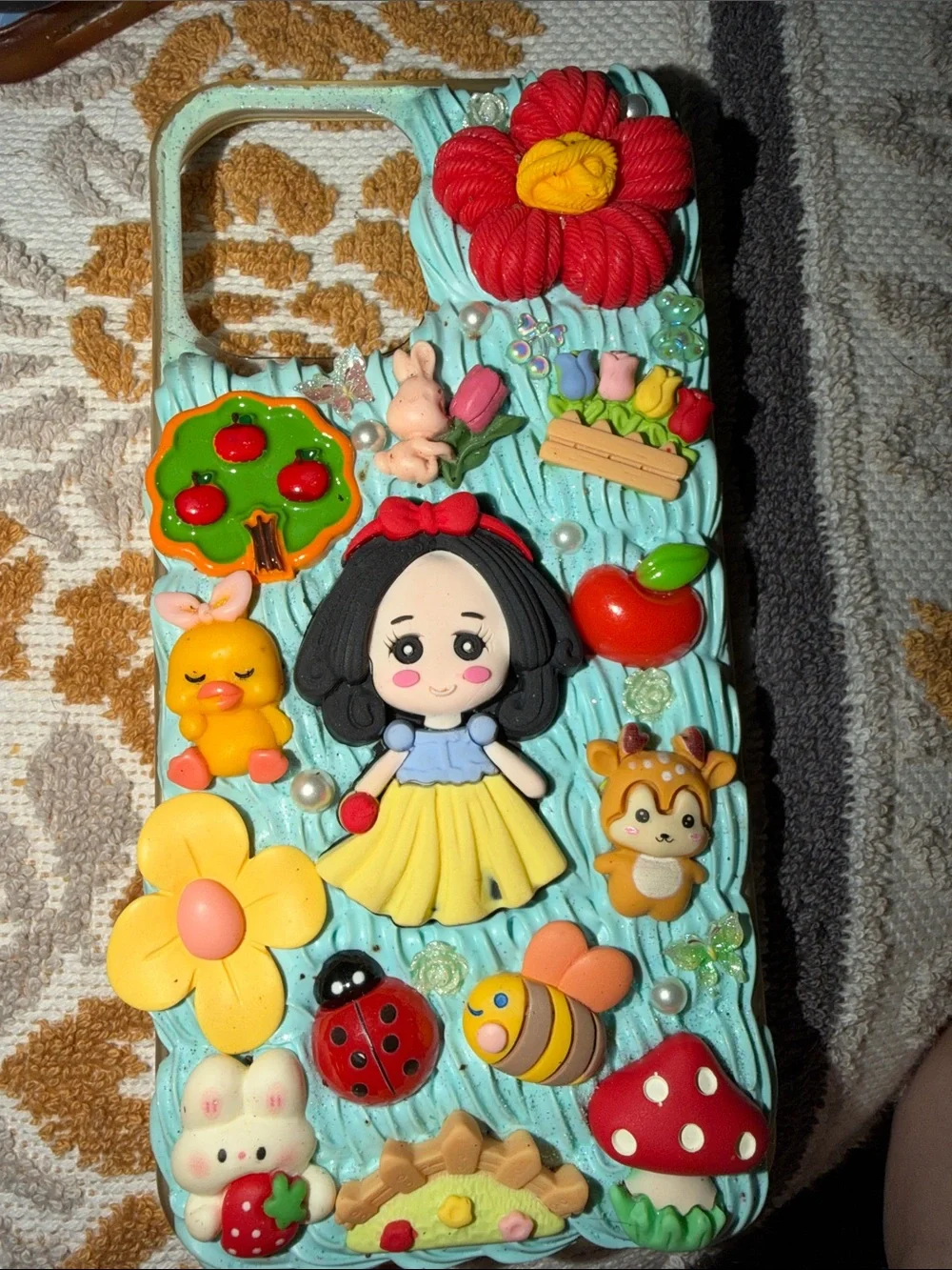 Playful Mint Green 3D Cartoon Phone Case with Floral & Character Accents